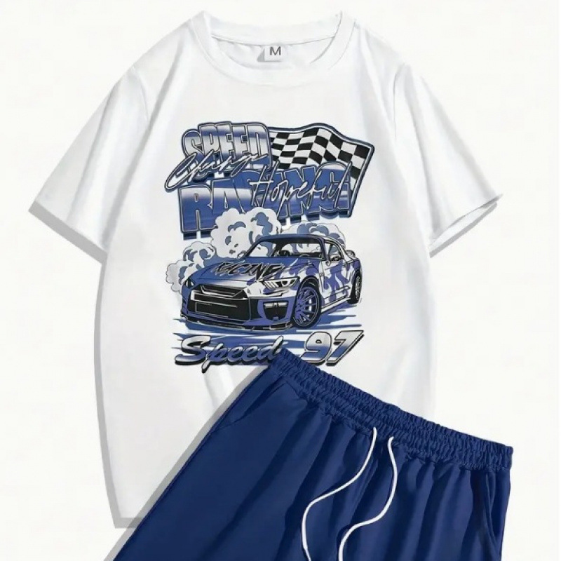 2024 Cross-Border Temu Summer Hot Selling Car Graphic Print Men's 2-Piece Clothing Factory Direct Sales