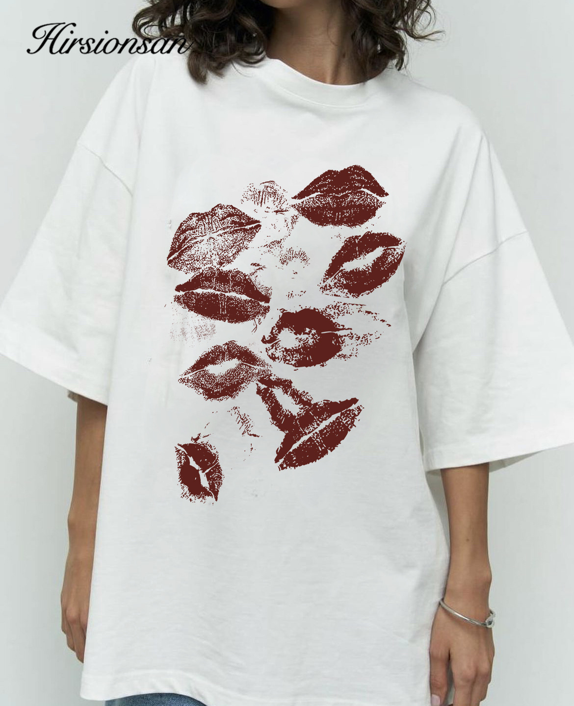 European size cotton Hirsionsan Sexy Lips Printed T Shirt Women…