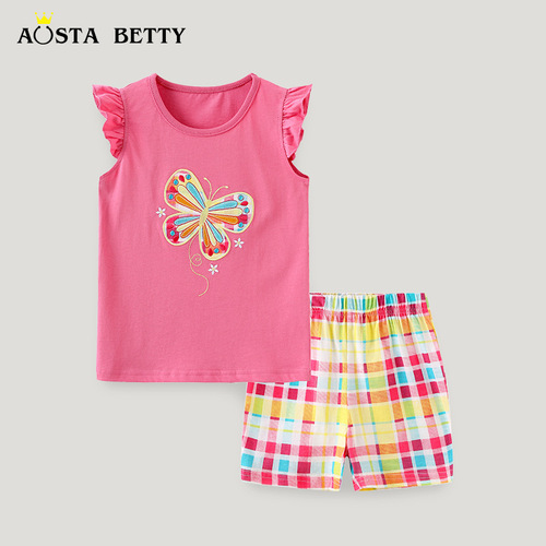 Western-style girls' camisole set summer knitting embroidery children's T-shirt set cartoon round neck children's clothing two-piece set