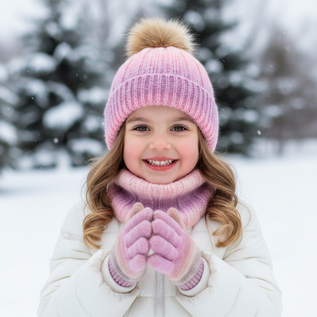 Cross-border Amazon children's rainbow gradient knitted hat for boys and girls, winter fleece-lined warm ear-protecting three-piece set