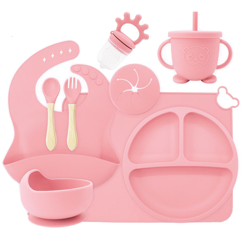 Juego de vajilla de silicona de una pieza, juego de diez piezas, plato de alimentación complementaria para bebés de seis meses, tazón de alimentación independiente para bebés