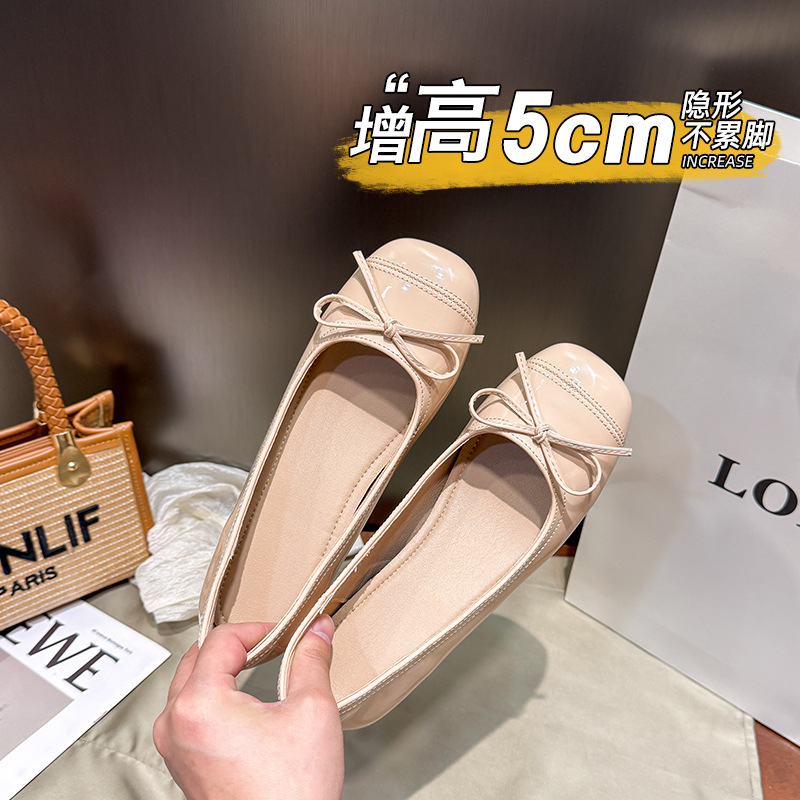 网红新款内增高浅口单鞋女真皮蝴蝶结芭蕾舞鞋甜美平软底休闲女鞋