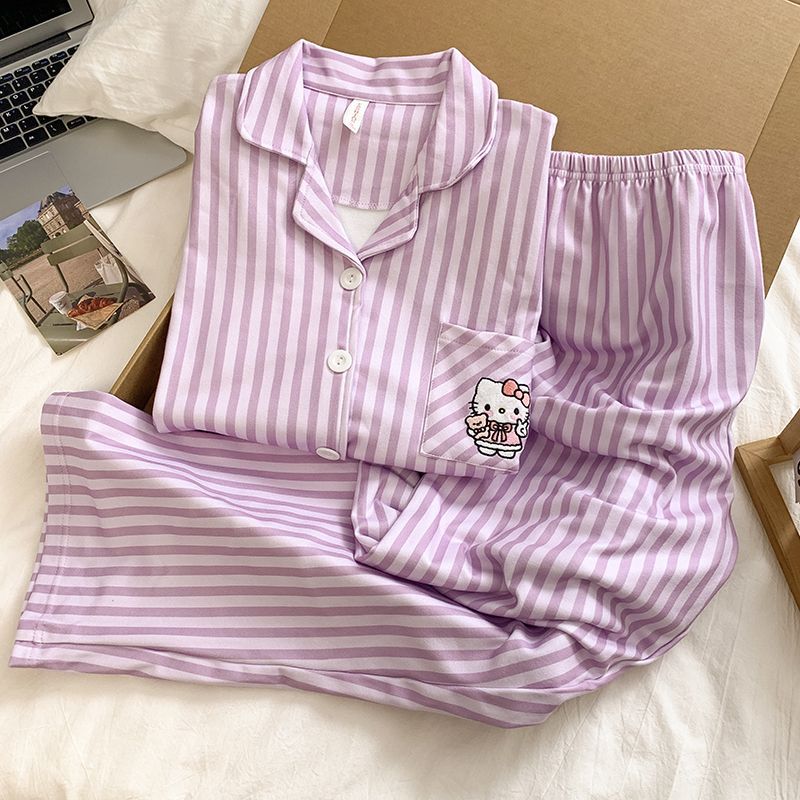 Al por mayor transfronterizo pijamas de terciopelo de mujeres otoño y invierno nuevos cardigans dulces dibujos animados rayas pantalones de manga larga ropa para el hogar