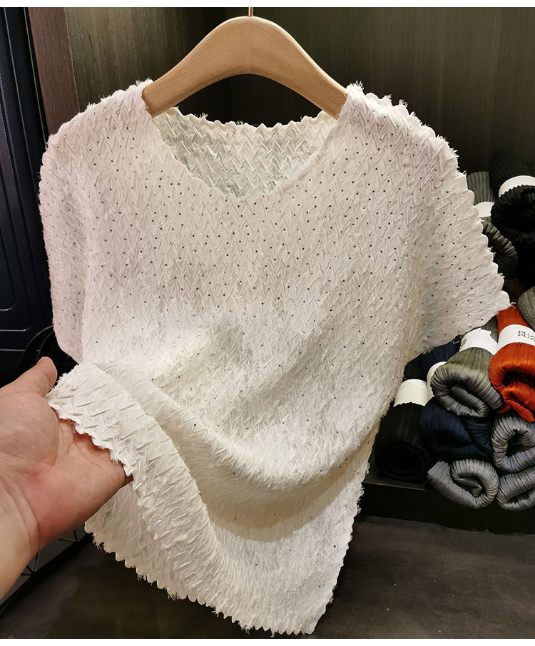 Áo thun cổ tròn dáng rộng tay ngắn xếp ly bèo nhún mùa hè — Màu đen, Màu xanh navy, Màu đỏ hoa hồng, Màu trắng chi tiết 15