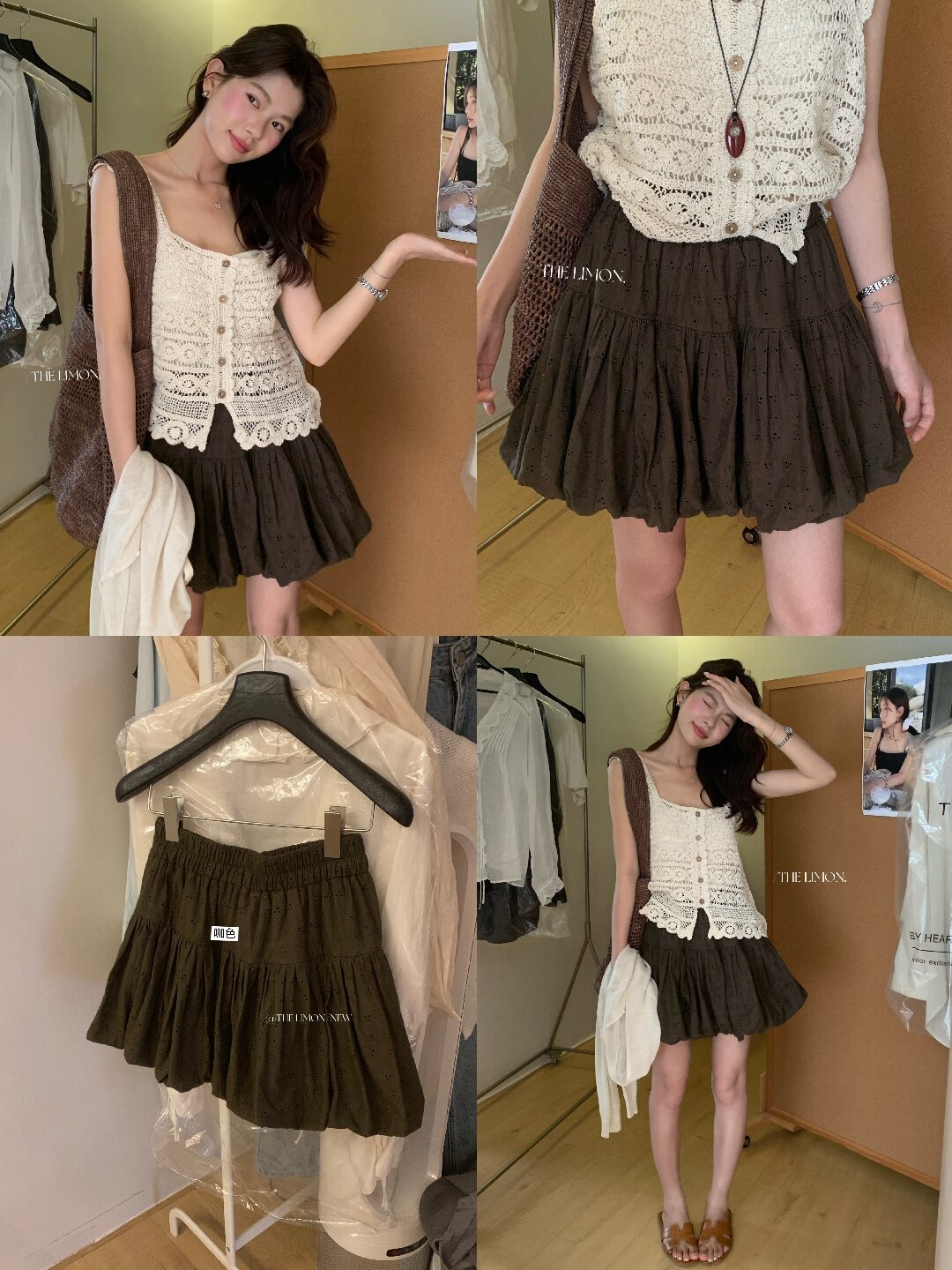 Chân váy chữ A xếp tầng cạp cao dáng suông phong cách vintage — Màu cà phê chi tiết 34