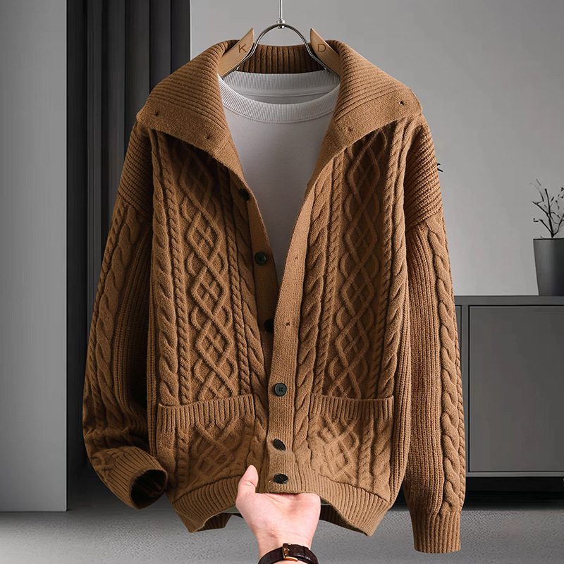 Men's Knitwear Trendy Knitted Lapel Casual Jacket Twist 2025 New Sweater Loose Cardigan