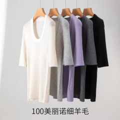 春夏ニットtシャツレディース18ピンuネック100% メリヤスノ超细ウールニット半袖トップスレディース