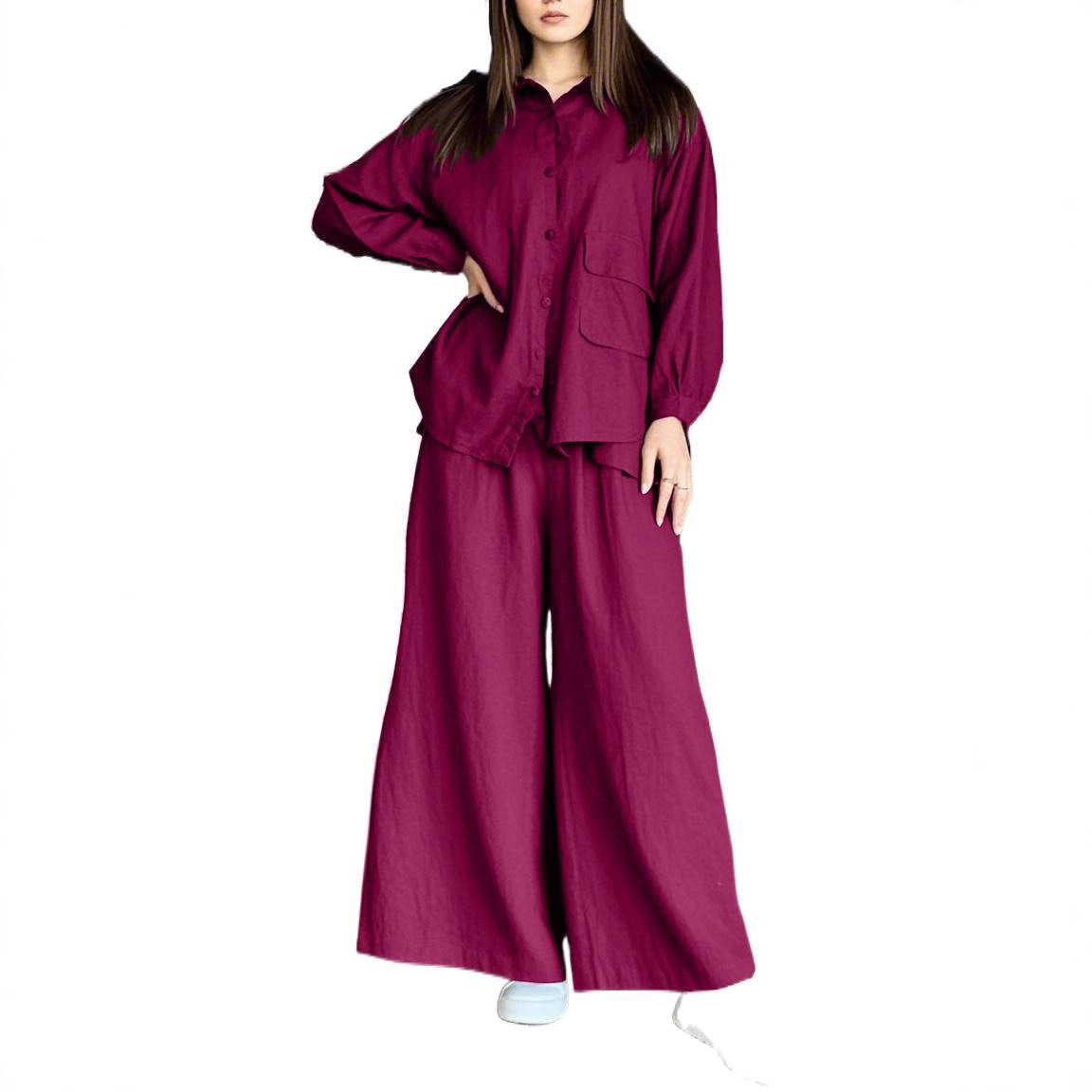 Set van oversized katoenen shirt en wijde broek – Euro-Amerikaanse vintage minimalistische outfit (S-5XL, 7 kleuren, essentieel voor werk en weekend)_voghion.com