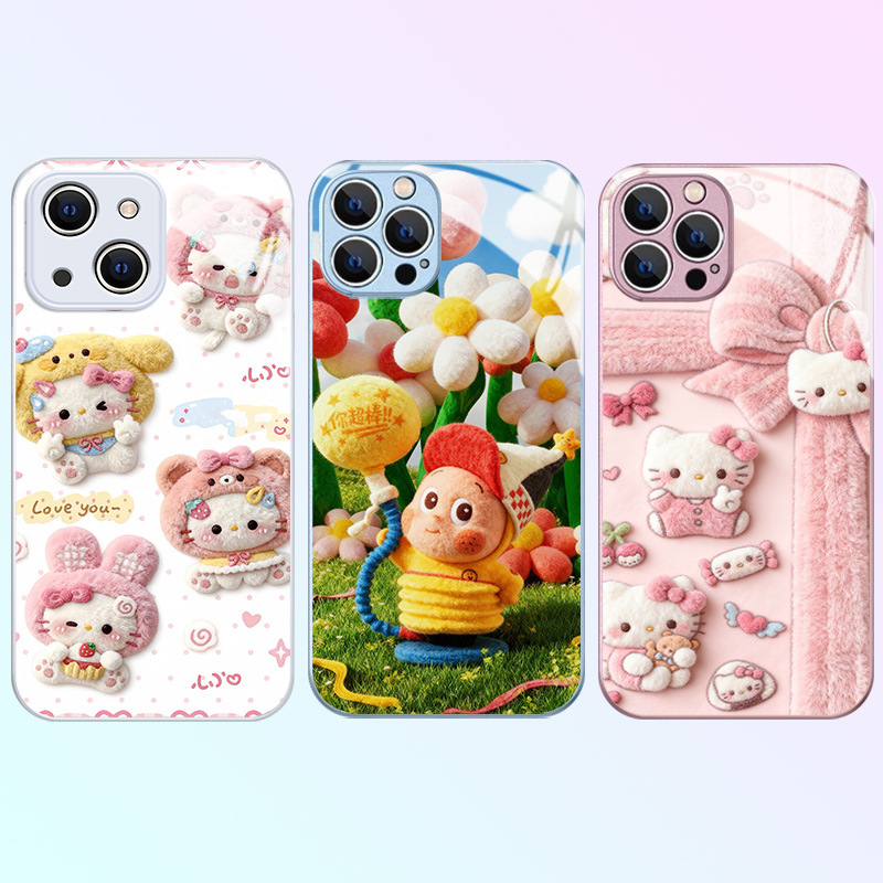 Cute Plush Metallic Paint Glass Case Suitable for Iphone17Promax Apple 16 Mobile Phone Case 15 New Style 14