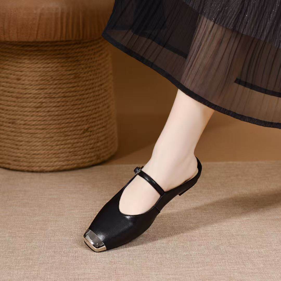 Dép sandal nữ quai chữ V mũi nhọn đế bệt da thật — màu đen chi tiết 5