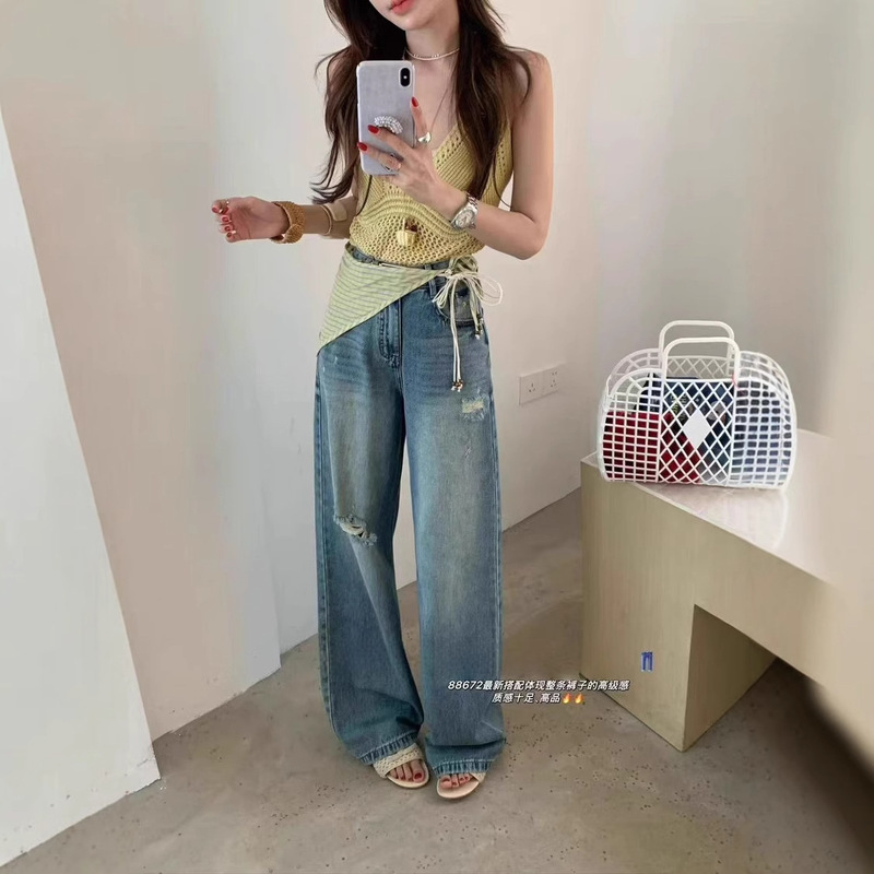 Mok Triangle Scarf Accessories Jeans for Women 2026 Spring/Summer New High-Waisted Versatile Slimming Wide-Leg Pants 88672