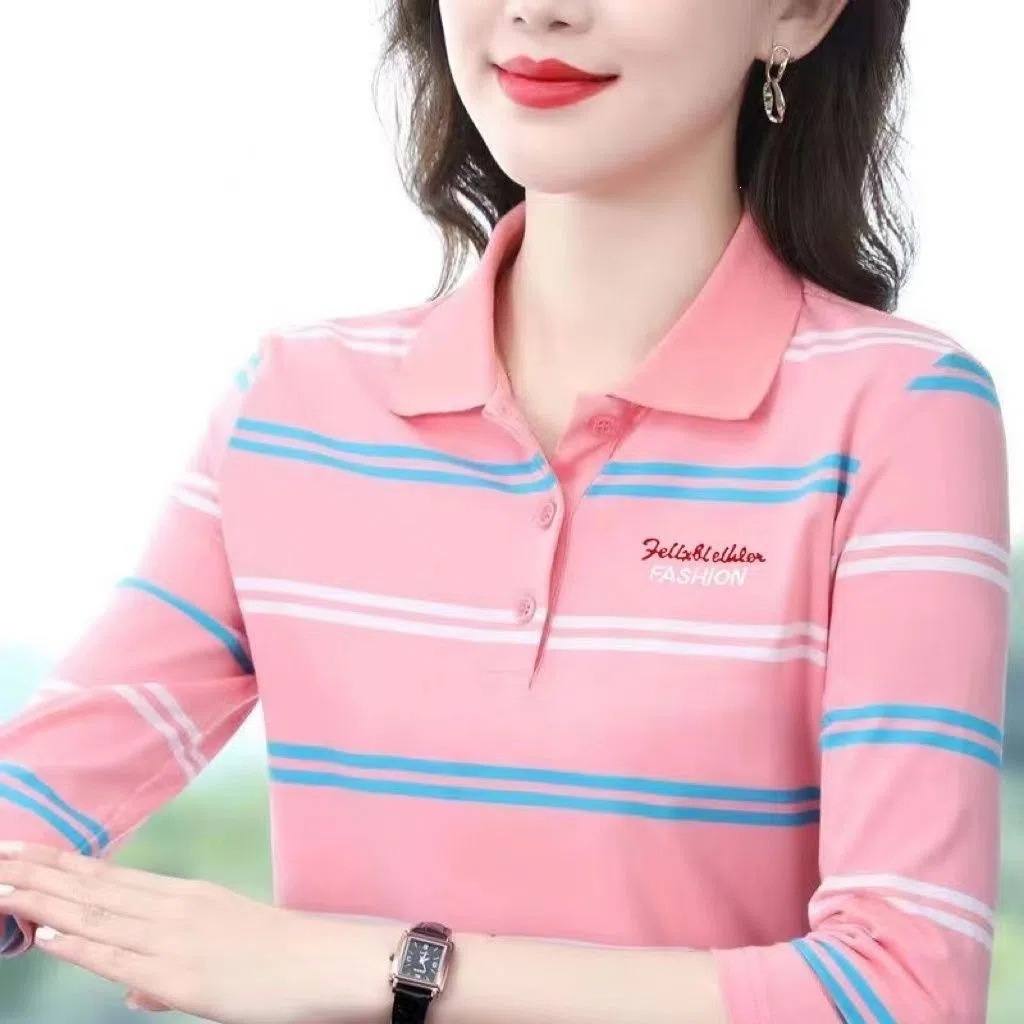 [95% Cotton, 5% Spandex] New Polo Collar Long Sleeve T-Shirt for Women, Spring and Autumn, Middle-Aged and Elderly, Mother's Wear, Covering Tummy, Base Layer Top