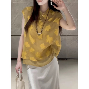 New Chinese Style National Style Buckle Design Retro Splicing Organza Jacquard S Loose Elegant Sleeveless Vest Shirt