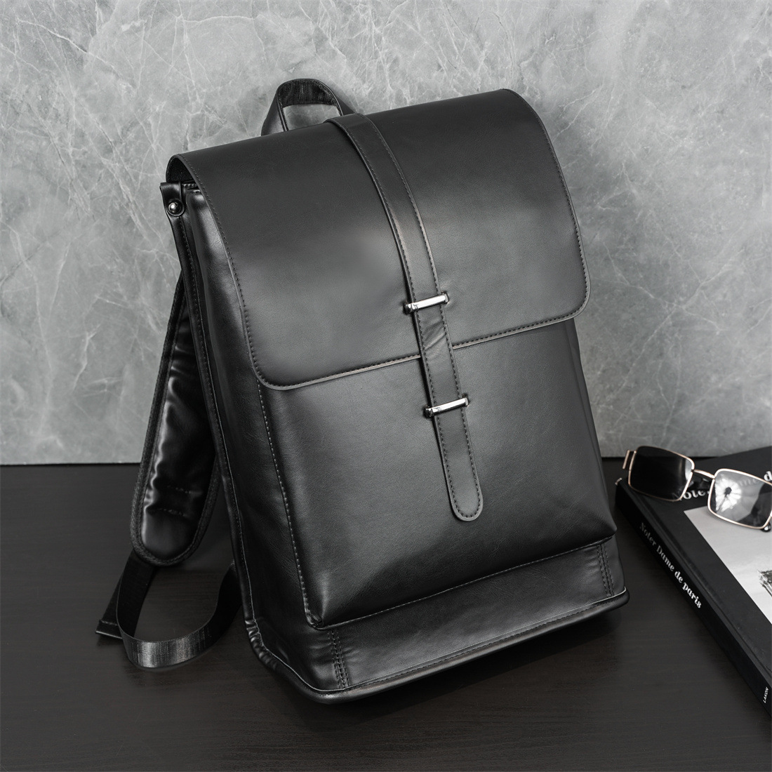 Black Oil Wax Leather Backpack 2