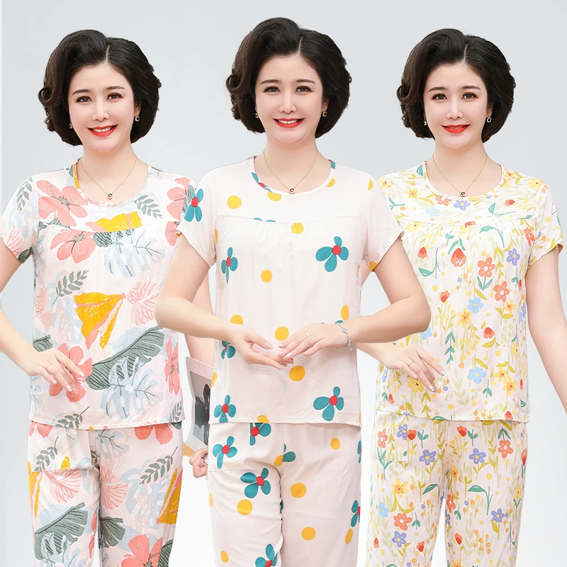 Мама пижама женский хлопок шелк домашний костюм повседневный костюм пожилая бабушка с короткими рукавами тонкий летний искусственный хлопок новый