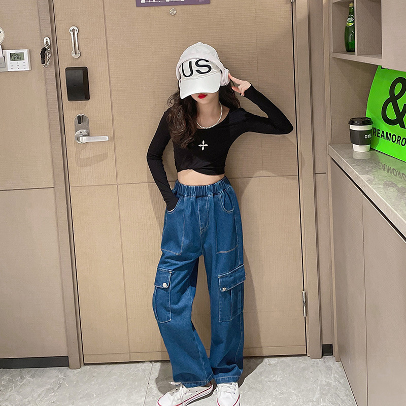Cross-border girls' work denim jeans 2024 new middle children stylish Korean version wide-leg pants spring long pants trendy wholesale