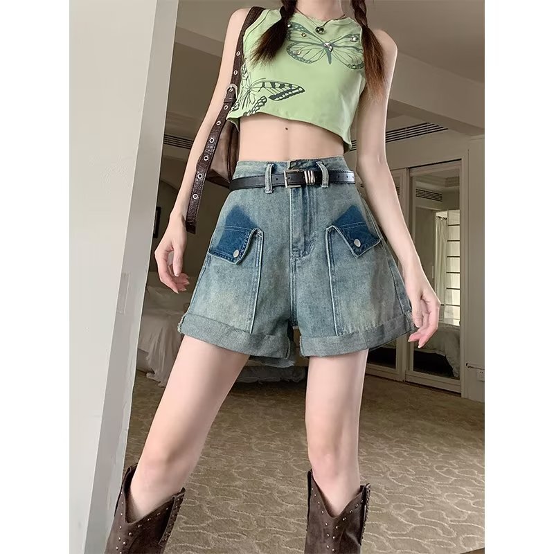 Denim Shorts Women's 2024 Summer New Design Sense Niche High Waist Slimming Loose A- Character Straight Wide-Leg Pants for Women