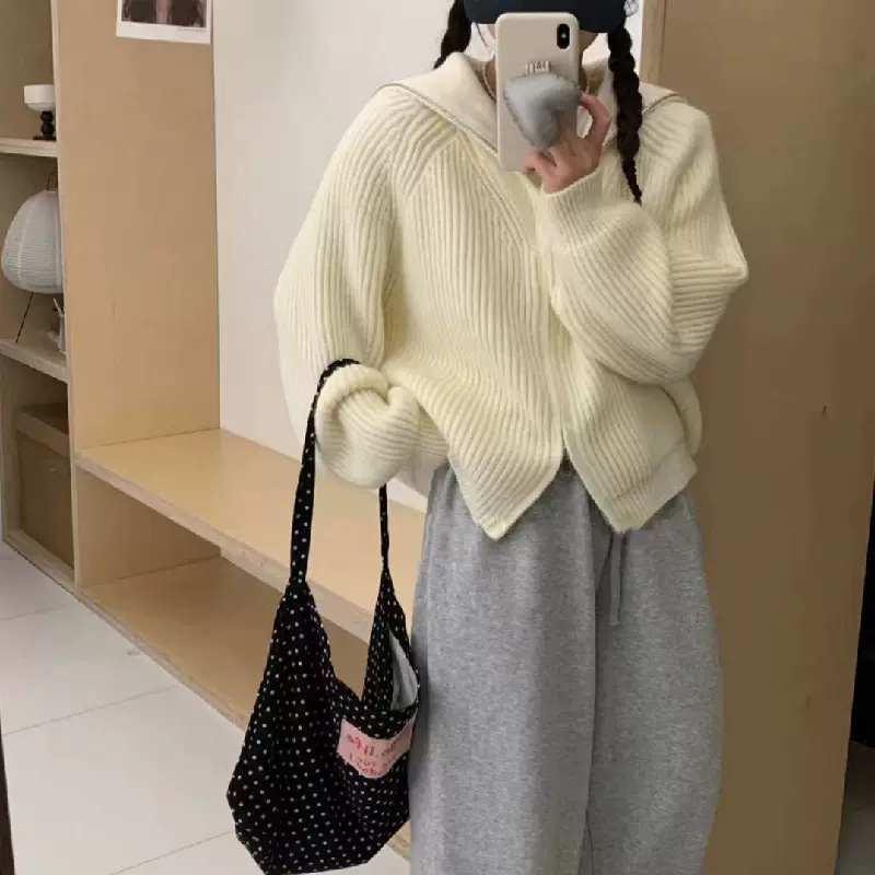 拉链大翻领毛衣开衫外套女加厚2025新款秋季外穿宽松软糯针织上衣