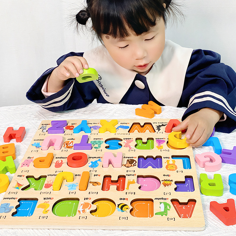 Tablero de agarre de mano de letras numéricas para niños, rompecabezas tridimensional, desarrollo de bebés, inteligencia, juguetes educativos de educación temprana Montessori