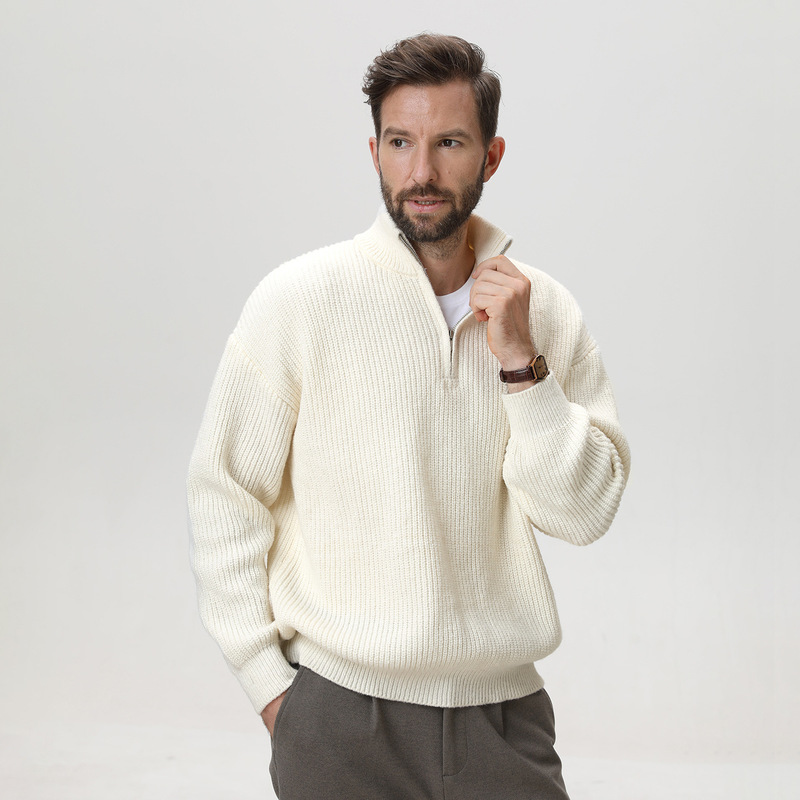 Solid Color Vertical Stripesd Textured Stand-Up Collar Knitwear Men's Autumn and Winter Half-Zip Knitwear Lazy Loose Trendy Brand Jacket