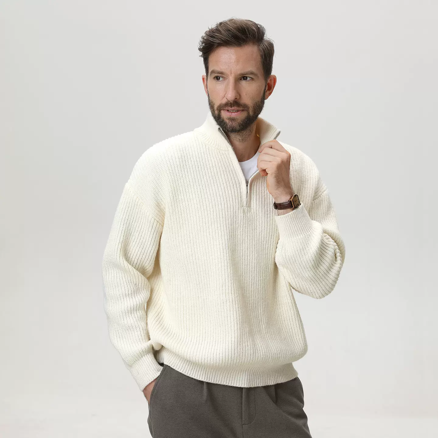 纯色竖条纹肌理感立领毛衣男秋冬款半拉链针织衫慵懒宽松潮牌外套