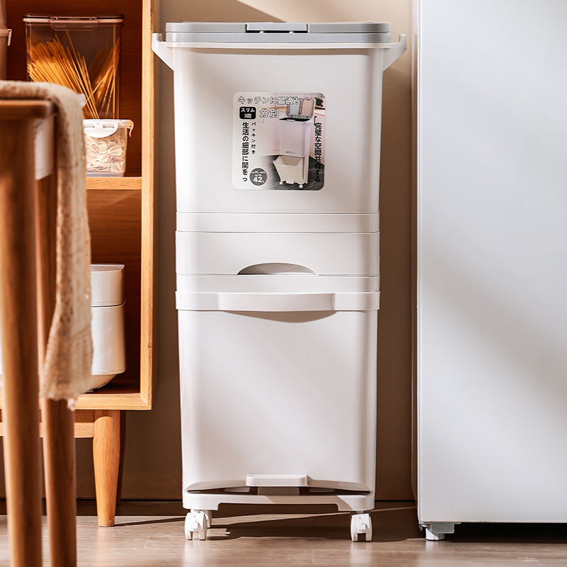 Kitchen Trash Can for Home Use, Large Size, No Bending, with Lid, Double-Layer Integrated, Odor-Proof, Double-Layer Kitchen Waste Dry and Wet Separation Classification