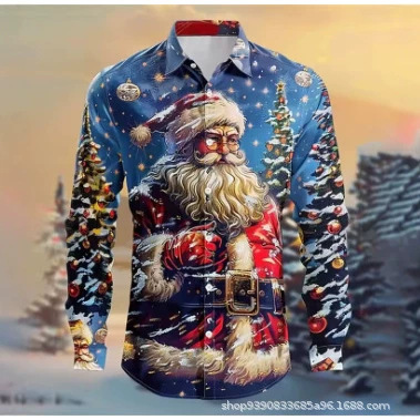Christmas Snowflake Pattern Men's Long-Sleeved Shirt, Casual and Loose-Fitting, Santa Claus Christmas Party Annual Meeting Dinner Christmas Snowflake Pattern Men's Long-Sleeved Shirt, Casual and Loose-Fitting, Santa Claus Christmas Party Annual Meeting Dinner