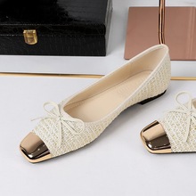 8726-9 French style flat sole single shoes for women with a high-end feel, metal square bow bow, shallow mouth, one foot kick, women's shoes
