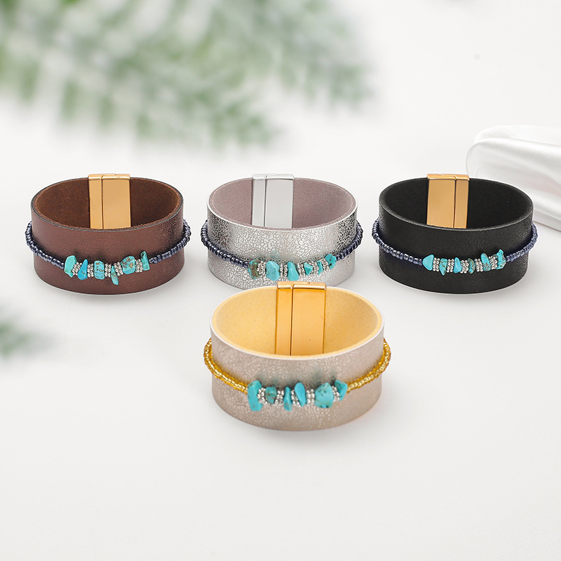 European and American Hand-Woven Pu Leather Bracelets, Fashionable Bracelets, Turquoise Bead Bracelets, DIY Hand-Woven Bracelets