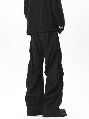 2025 Black Pleated Straight-Leg Wide Leg Men's Medium Waist Relaxed Tight Waist Pants American Streetwear Scissor Hem Pants