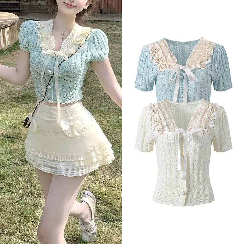 2026 Summer New Style Sweet and Fresh Fashionable Beaded Lace Collar Hollow-Out Slim-Fit Knitted Short-Sleeve Cardigan Top