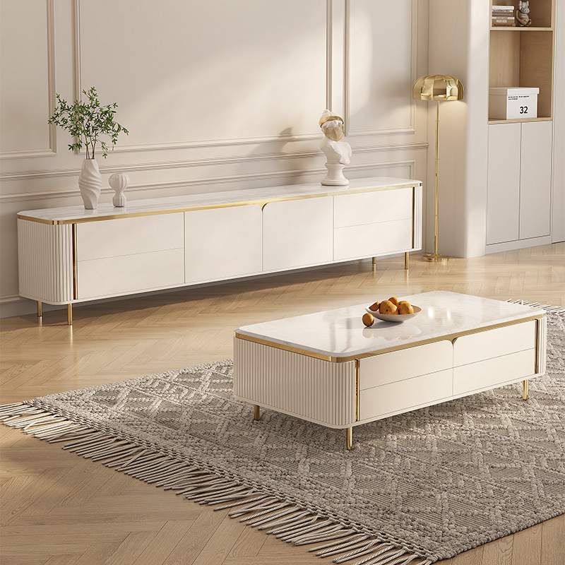 Pyts818 # Tv Cabinet Light Luxury Natural Luxury Stone Marble Tv Cabinet Coffee Table Combination High-End Living Room Home Now