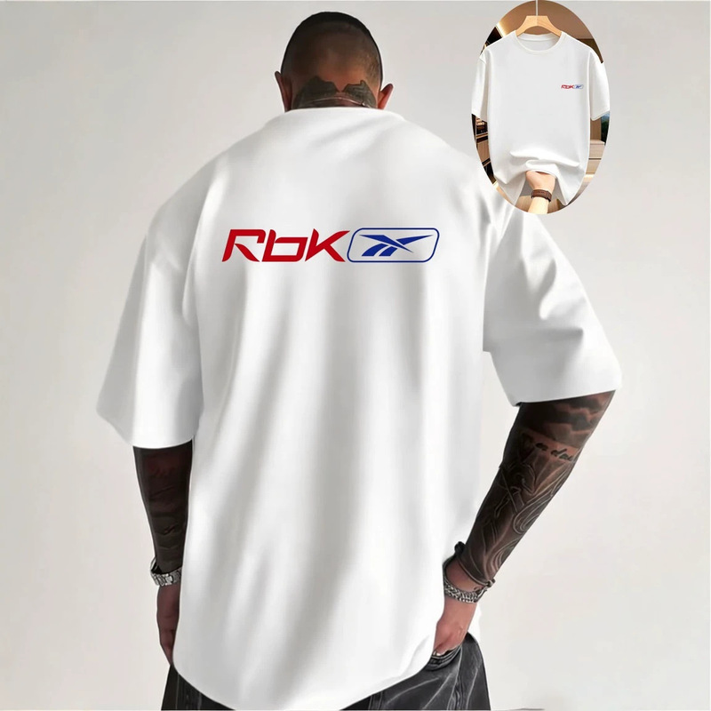 Men's White Crew Neck Short-Sleeve T-Shirt with Red Rbk Letters on the Back and Blue Vector Logo in Contrasting Print Men's White Crew Neck Short-Sleeve T-Shirt with Red Rbk Letters on the Back and Blue Vector Logo in Contrasting Print