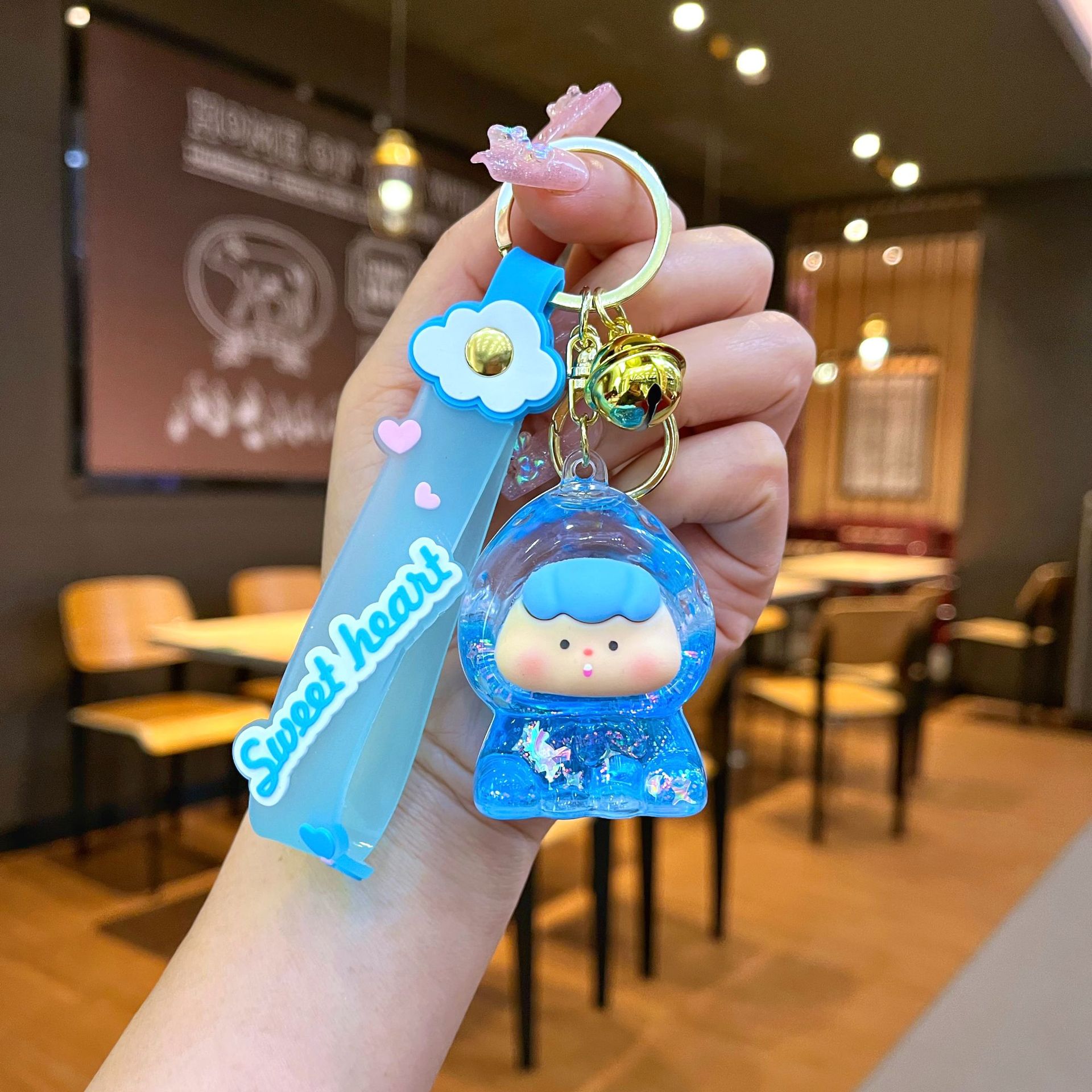 Nuevo llavero de dados luminosos con aceite, cuentas de burbujas, dados, colgantes de botella de arena de cristal, colgantes de bolsas al por mayor