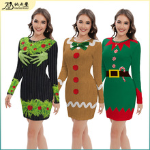 24圣诞节服装秋季速卖通新款长绿毛怪平安夜数码印花圆领长袖裙子