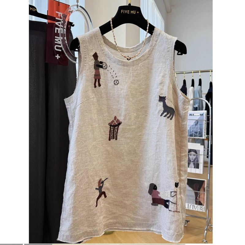 高級純綿とリネンのヘビーウェイト刺繍が施された美しいノースリーブトップスと女性用の夏用ミドル丈アウターベスト|undefined