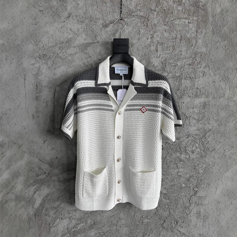 In-Stock Casablanca Woven Gray Striped Sweater Handmade Knitted Pure Cotton Cardigan Shirt Ins Foreign Trade