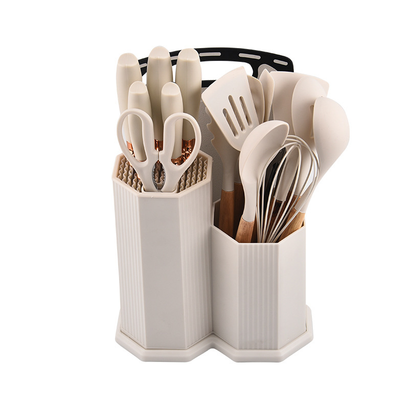 Nuevos productos 19 piezas de fábrica de cocina de silicona venta directa placa adhesiva octogonal doble mango de madera 19 piezas de conjunto de herramientas de corte