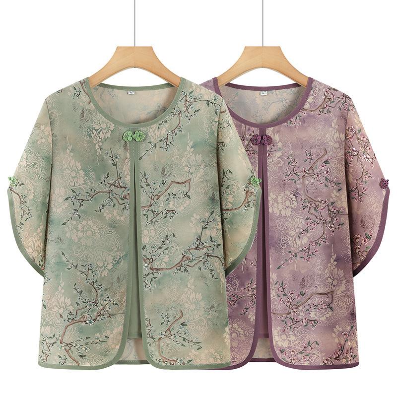 70-Year-Old Grandma's Summer Ice-Feel Short-Sleeve Faux Two-Piece Top 2026 New Summer Style Loose Fit T-Shirt Breathable Shirt