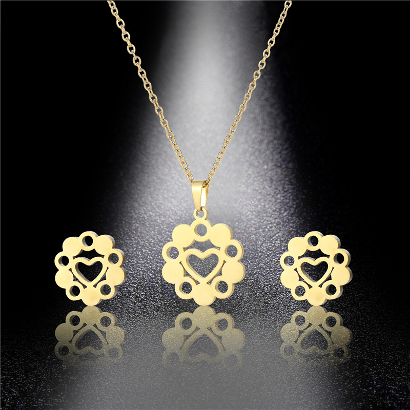 fashion hollow heart-shaped pendant earrings stainless steel necklace set