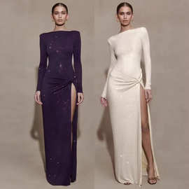 独立站亚马逊欧美女扭结晚礼服连衣裙性感长款修身一字肩女