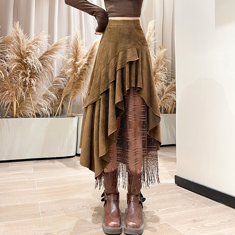 实拍法式复古麂皮绒半身裙蕾丝拼接不规则字裙高腰百搭拼接长裙