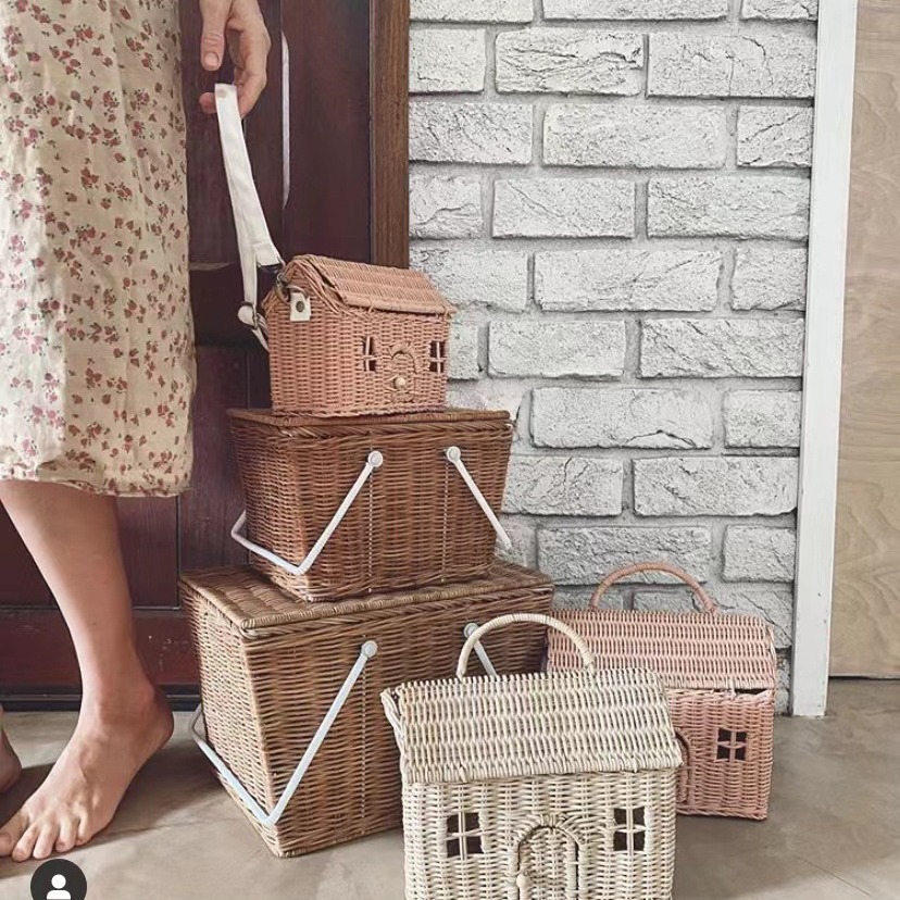 Corea del Sur ins tejido hecho a mano pequeña casa mensajero bolsa de transporte mochila cesta almacenamiento niños Fotografía adornos