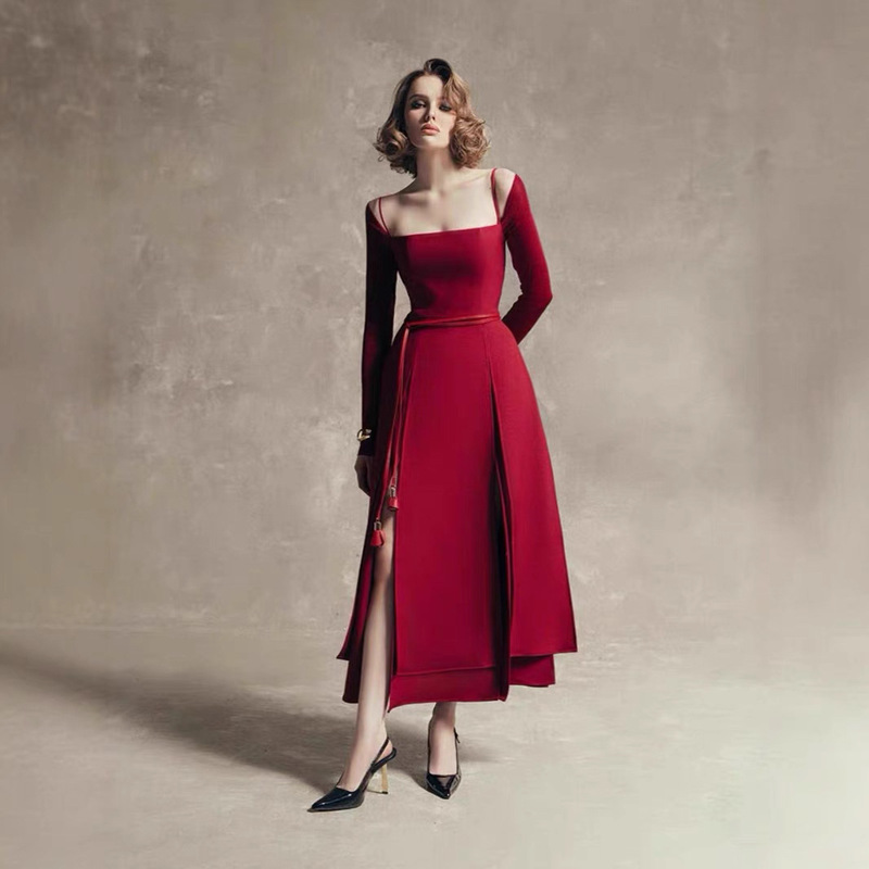 In-Stock Vietnamese Designer Long-Sleeve Summer Red Asymmetrical Slit Hem Long Dress Off-Shoulder Strap Dress Elegant