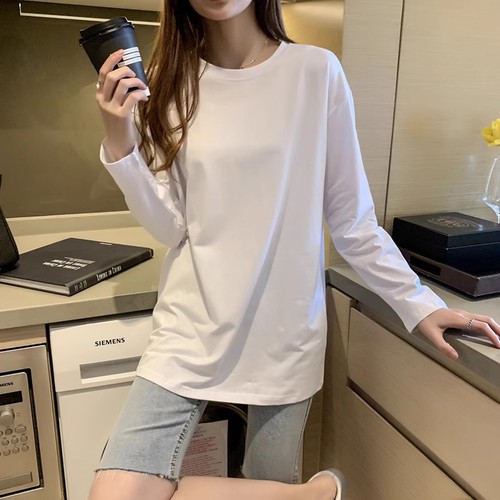 Korean Plus Size Pure Cotton Long Sleeve T-Shirt for Women Loose and Slim Fit Layering Top Overshirt Medium Length T-Shirt Casual