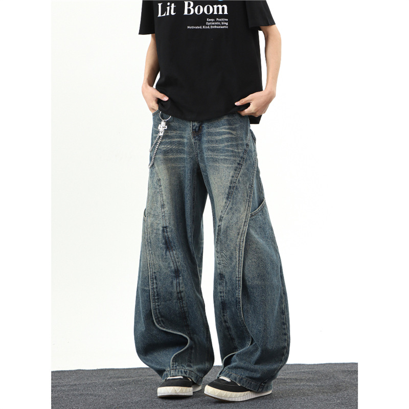 2025 American Style Retro Deconstructed Split Profile Jeans Men's Three-Dimensional Cut Loose Straight Pants for Spring and Summer