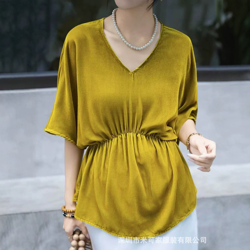 French-Style Elegant Modified New Chinese-Style Silk Velvet V-Neck Batwing Sleeve Waist-Cinching Top, Summer Loose Slimming Shirt