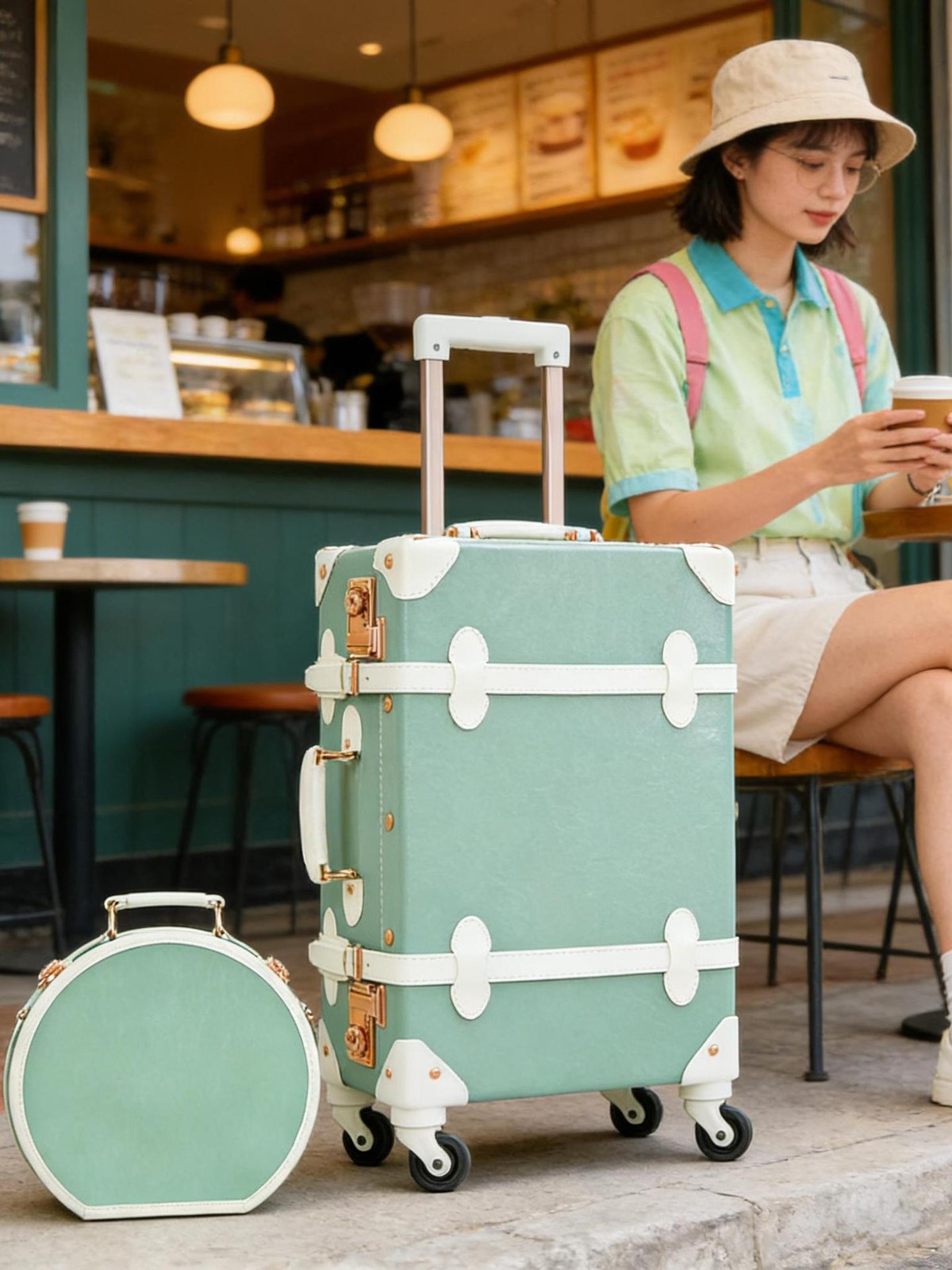 Vali kéo vintage da màu xanh lá cây 20 inch bánh xe xoay 360 độ, kèm hộp quà tặng — trà xanh matcha