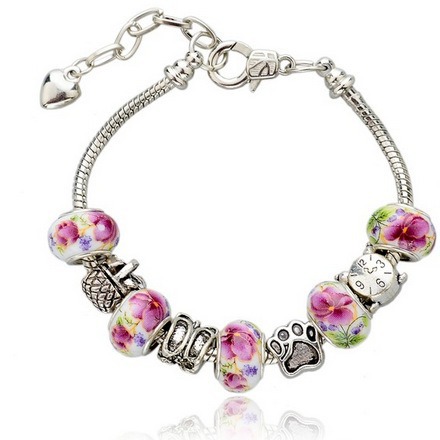 时尚热销陶瓷闹钟水晶镶钻彩珠珠子藏银潘手链diy手工串珠手链