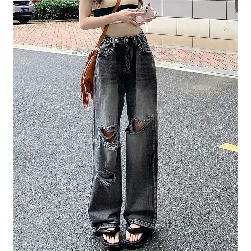 Adjustable Waist Ripped Straight-Leg Jeans for Women, Spring/Summer 2026 New Style, Slimming, Loose, High-Waisted Wide-Leg Pants